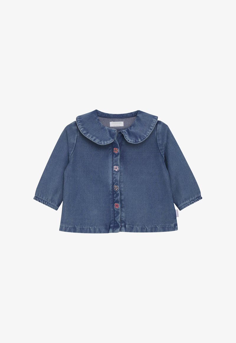 Dziecięca dżinsowa kurtka z długim rękawem, z zaokrąglonym kołnierzem i czterema kolorowymi guzikami w kształcie kwiatów z przodu.