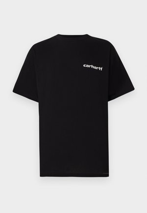 T-shirt in cotone nero con maniche corte, scollo a girocollo e logo bianco "Carhartt" sul petto a sinistra. Texture liscia, design minimalista.