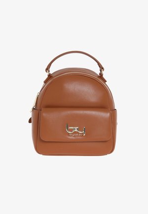 Piccola borsa in pelle marrone con manico superiore, tasca frontale e logo dorato "Byblos" sulla patta della tasca.