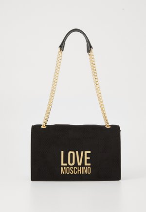 Black rectangular handbag made of textured material, featuring a gold chain strap and "LOVE MOSCHINO" logo in gold lettering on the front.