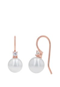 Örhängen i roséguld med en rund, glänsande vit pärla och en liten klar kristallaccent ovanför varje pärla. Elegant krokdesign.