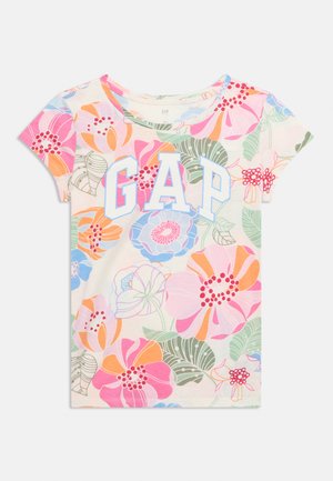 Weißes T-Shirt mit kurzen Ärmeln, großen bunten Blumenmustern und hellblauer „GAP“-Beschriftung mittig vorne.