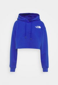 Hoodie accorciato di colore blu uniforme, con cappuccio regolabile e maniche lunghe, e un logo bianco sul petto. Tessuto morbido con una texture liscia.