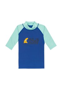 Blå och aqua kortärmad rashguard med hög krage. Har en "Bila Bong" grafik och en leende banan-design i gult och svart.