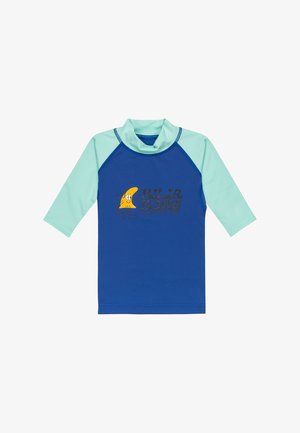 Blå och aqua kortärmad rashguard med hög krage. Har en "Bila Bong" grafik och en leende banan-design i gult och svart.
