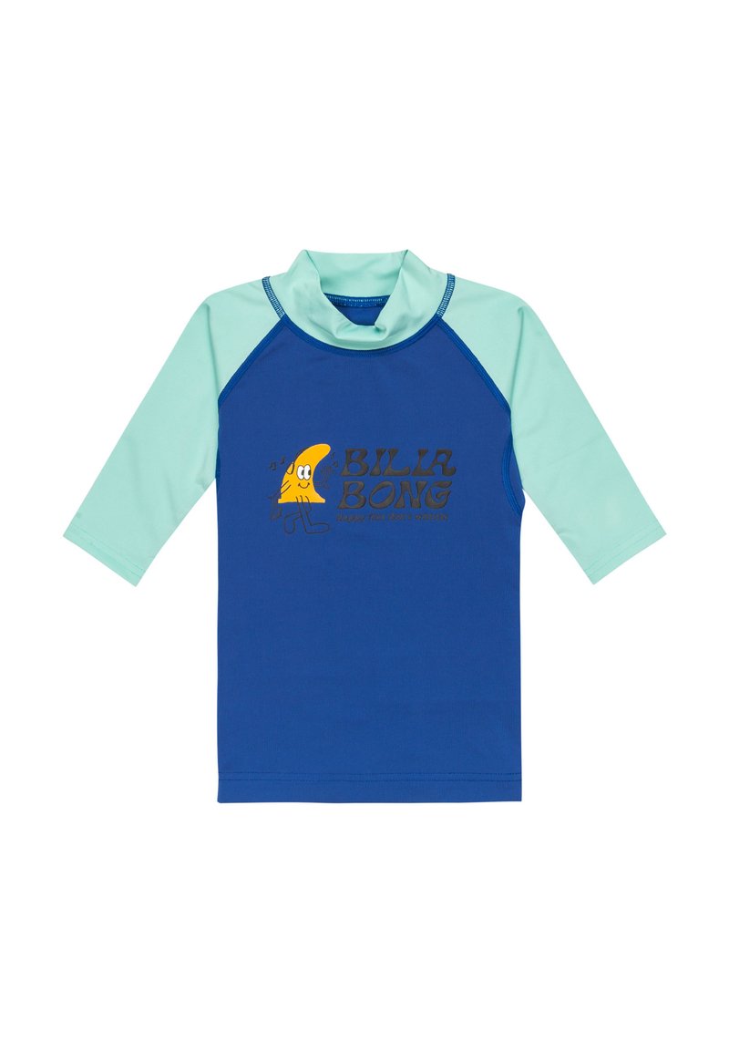 Blå och aqua kortärmad rashguard med hög krage. Har en "Bila Bong" grafik och en leende banan-design i gult och svart.