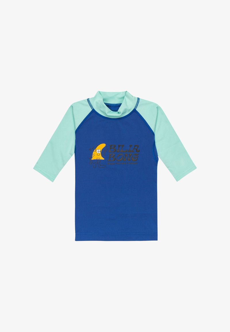 Blå och aqua kortärmad rashguard med hög krage. Har en "Bila Bong" grafik och en leende banan-design i gult och svart.