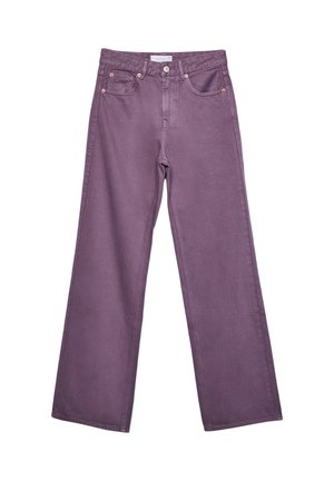 Jean droit taille haute violet avec poches avant et fermeture à bouton sur fond blanc.