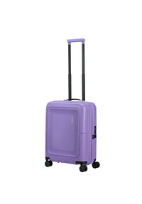 Valigia rigida viola con un design testurizzato, manico retrattile, quattro ruote nere e un meccanismo di chiusura laterale.