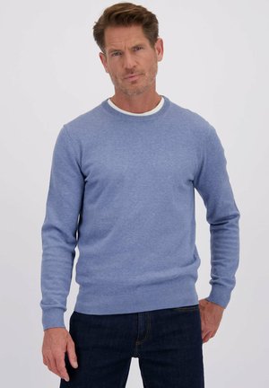 Homme avec les cheveux bruns courts portant un pull léger bleu et un jean sombre, se tenant devant un fond clair.