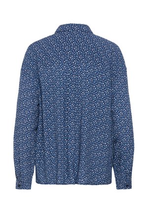 Sinine lilleline nööbitav särk, kerge kangas, pikad varrukad, krae, väike valge ja roosa lillemustrit, mansettidel nähtavad nööbid.