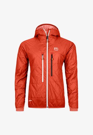 Red insulated jacket with a hood, featuring quilted texture, white and black zippers, and two front pockets. Accents in light orange.