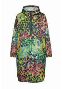 Langer Kapuzenmantel mit Reißverschluss vorne und mehrfarbigem abstraktem Punktmuster in Grün, Blau, Pink, Gelb und Schwarz.