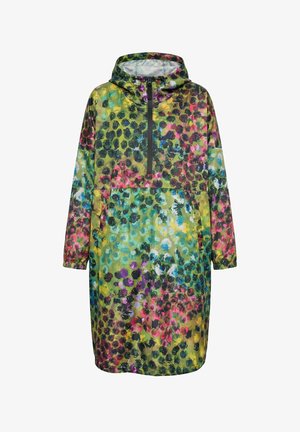 Lange gewatteerde jas met capuchon, voorzien van een ritssluiting aan de voorkant en een meerkleurig abstract stippenpatroon in groen, blauw, roze, geel en zwart.