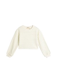 Gehaakte crop sweater in crèmekleur met gestructureerde strepen, ronde halslijn en gedessineerde lange mouwen. Beschikt over een geribde zoom en manchetten.