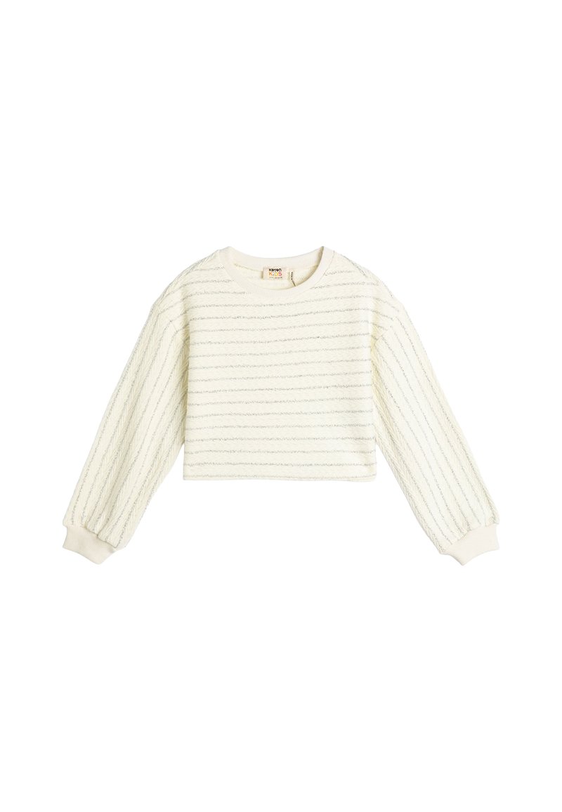 Gehaakte crop sweater in crèmekleur met gestructureerde strepen, ronde halslijn en gedessineerde lange mouwen. Beschikt over een geribde zoom en manchetten.