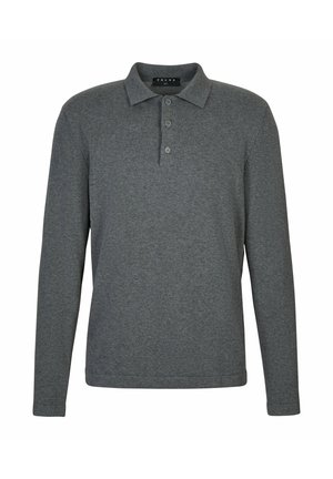 Donkergrijs poloshirt met lange mouwen, voorzien van een drieknopenlijst en klassieke kraag, weergegeven op een effen witte achtergrond.
