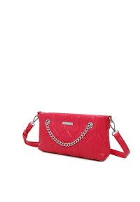 Borsa sintetica rosa trapuntata con manico a catena argentata, tracolla rimovibile e placchetta con logo metallico. Forma rettangolare e texture.