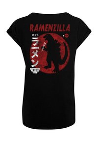 Black short-sleeve t-shirt featuring the silhouette of a creature holding chopsticks against a red circle, with Japanese text and "RAMENZILLA."