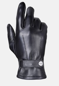 Zwarte leren handschoen met drie naden op de achterkant, een strak polsbandje en een ronde metalen accent. Glad textuur en ergonomisch ontwerp.