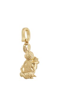 Gold rabbit charm with intricate detailing, holding a small object. Smooth texture, loop for attachment. Measures approximately 3 cm tall.