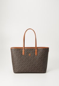 Barna mintás vászontáska világosbarna bőr részletekkel, dupla fogantyúkkal és fém logóval. Téglalap alakú és textil alapanyagú.