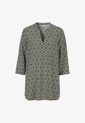 Schwarz-weißes geometrisches Blattmuster-Bluse mit 3/4-Ärmeln und einem V-Ausschnitt, lockere Passform.