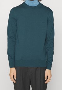 Maglione a maglia verde scuro con maniche lunghe, scollo a girocollo, polsini e orlo a costine, con un piccolo logo sul petto.