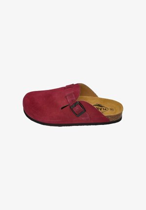 Red suede clog with a black buckle, open back, and beige insole. Features a textured surface and a brown rubber sole.