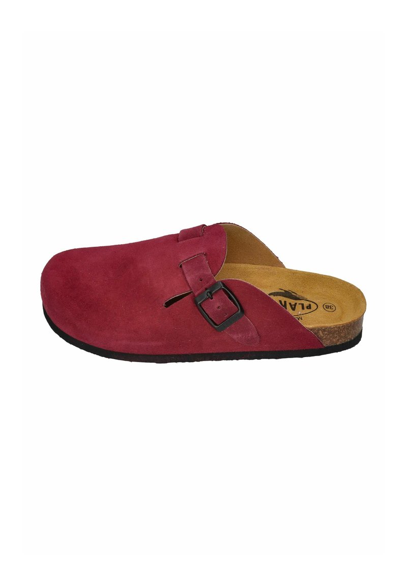Red suede clog with a black buckle, open back, and beige insole. Features a textured surface and a brown rubber sole.
