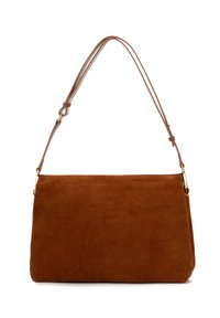 Brązowa torebka z zamszu o uporządkowanym kształcie, z długim skórzanym paskiem na ramię i złotymi akcentami. Gładka faktura, minimalistyczny design.