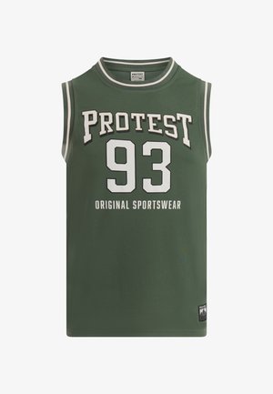 Groen sportshirt zonder mouwen met een gestructureerde meshstof. Heeft witte letters "PROTEST" en het nummer "93", met contrasterende strepen bij de kraag.