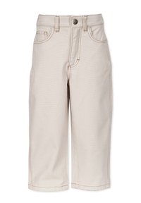 Beige farku capri-housut suoralla leikkauksella, etutaskuilla ja hienovaraisilla ompelutiedoilla. Metallinen nappisuljenta vyötäröllä.