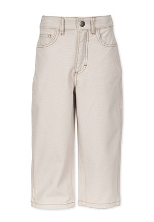 Beige farku capri-housut suoralla leikkauksella, etutaskuilla ja hienovaraisilla ompelutiedoilla. Metallinen nappisuljenta vyötäröllä.