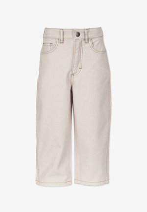 Beige denim capri-bukser med lige snit, forlommer og subtile syninger. Metalknaplukning i taljen.