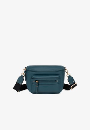 Teal leather crossbody bag with a smooth finish, front zip pocket, gold hardware accents, and an adjustable black strap.