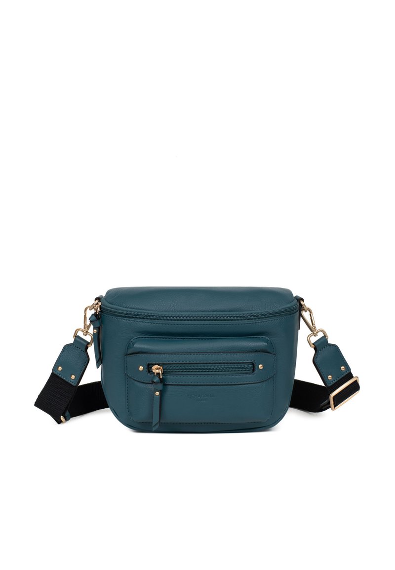 Borsa a tracolla in pelle turchese con finitura liscia, tasca frontale con zip, dettagli in hardware dorato e tracolla nera regolabile.