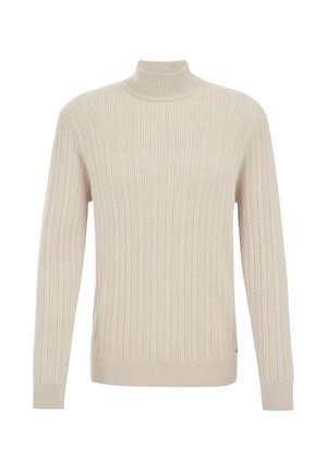 Beige ribota augstvērtīga džemperis ar garām piedurknēm, izgatavots no mīksta adījuma materiāla. Tam ir pieguloša apkakle un maliņa.