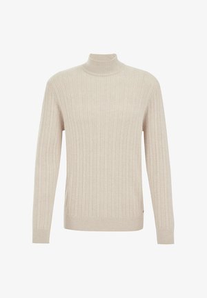 Beige gerippter Rollkragenpullover mit langen Ärmeln, aus weichem Strickmaterial gefertigt. Verfügt über einen engen Kragen und Saum.
