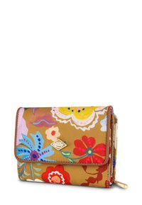 Bloemenportemonnee van bruine stof met kleurvolle bloemen, gestikte accenten en een rits in goudkleur. Logo weergegeven op de voorkant.