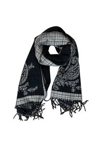 Sciarpa bianca e nera realizzata in tessuto testurizzato, con un motivo paisley e bordi frangiati, e un design a scacchi lungo la parte superiore.