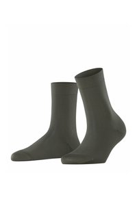 Dunkelgrüne Baumwollsocken mit einem gerippten Bündchen, einer glatten Textur und einem klassischen, knielangen Design. Keine sichtbaren Muster oder Akzente.