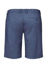 Navy blue shorts made of cotton blend fabric, featuring two back pockets with button closure and a straight cut. Diagonal texture visible.