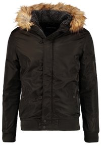 Veste d’hiver noire avec capuche doublée de fourrure, fermeture par boutons et fermeture éclair, poches avant, poignets et taille côtelés.