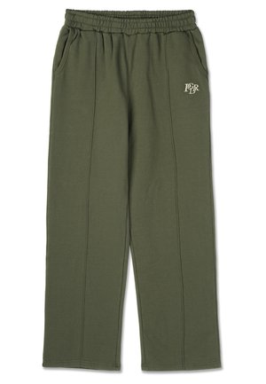 Olīvu zaļie sporta bikses ar elastīgu jostu, sānu kabatām un smalkām priekšējām šuvēm. Audums izskatās mīksts un ērts.