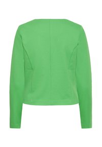 Veste verte à manches courtes en tissu lisse, avec une coupe ajustée, des détails de couture au dos et un ourlet droit.