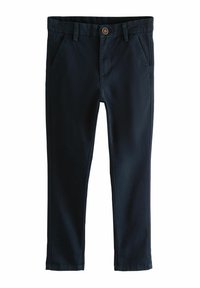 Navyblauwe broek van zachte stof, met een knoopsluiting, voorzakken en een rechte pasvorm.