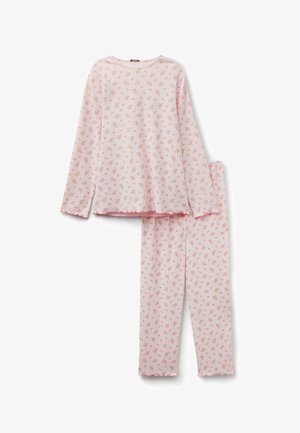 Weiches rosa Langarm-Top und Hose mit kleinem Blumenmuster und feiner Rippenstruktur, mit einer gezackten Kantenverzierung.