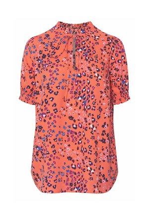 Bluzka koralowa z krótkim rękawem, z wielokolorowym nadrukiem w panterkę i kwiaty, z dekoltem z wycięciem i wiązaniem oraz marszczonymi mankietami.