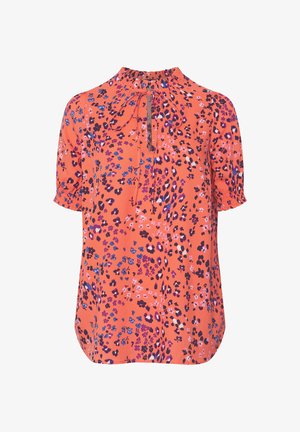 Koraal korte mouwen blouse met multicolor luipaard- en bloemenprint, keyhole halslijn met strik en geplooide manchetten.